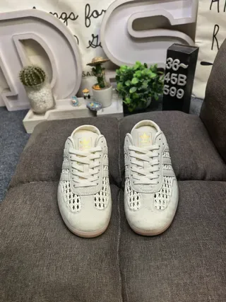 Adidas Beige Perforated Woven Three-Stripe Open-Back Mule Sneakers 10