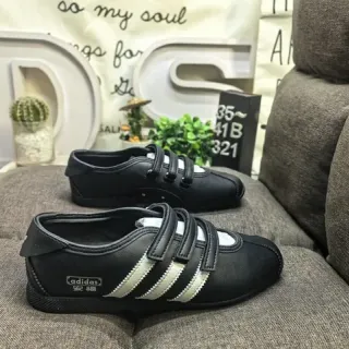 Adidas Black White Laceless Velcro Strap Closure Three Side Stripes Sneakers
