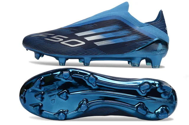 Adidas Sapatos de futebol azul preto de baixo corte com colar de ajuste de meias, sola metálica translúcida, superfície firme 6