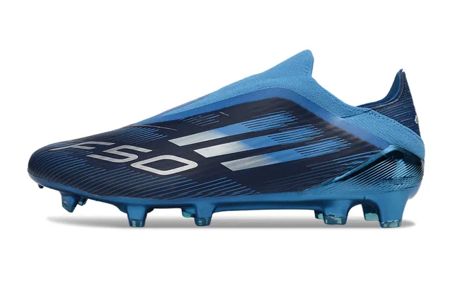 Adidas Sapatos de futebol azul preto de baixo corte com colar de ajuste de meias, sola metálica translúcida, superfície firme 7