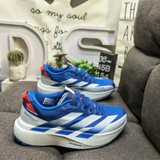 Adidas Chaussures de course avec rayures bleues et rouges, légères, silhouette de course
