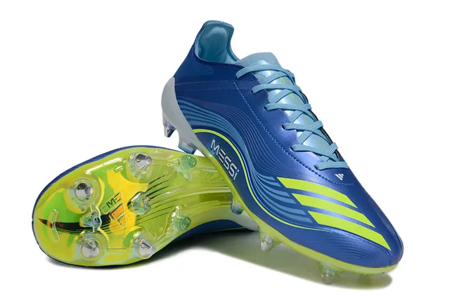Adidas Chaussures de football bleu jaune à tige basse en matière synthétique clous moulés pour terrain ferme 4
