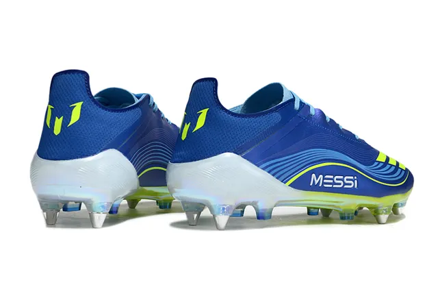 Adidas Chaussures de football bleu jaune à tige basse en matière synthétique clous moulés pour terrain ferme 5
