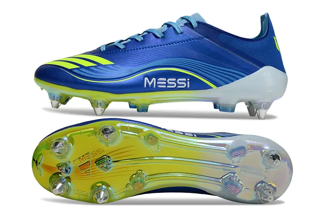 Adidas Chaussures de football bleu jaune à tige basse en matière synthétique clous moulés pour terrain ferme 6