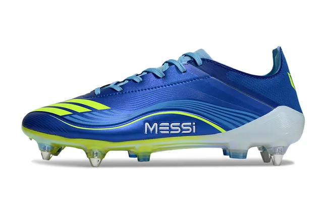Adidas Chaussures de football bleu jaune à tige basse en matière synthétique clous moulés pour terrain ferme 7