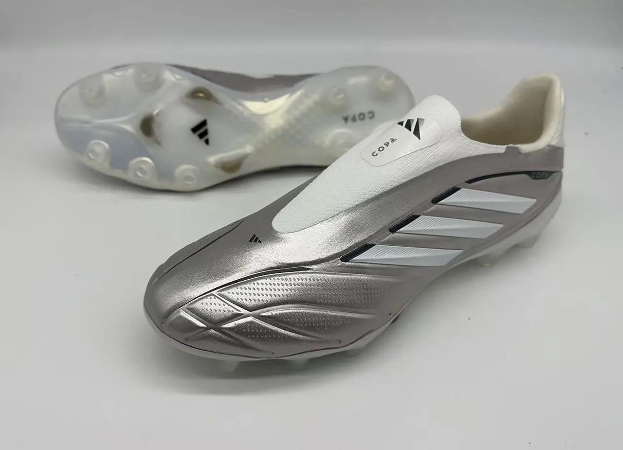 Adidas Copa Prata Branco Sem Cadarços Colar Superior Sintético Metálico Gramado Firme Sapatos de Futebol 11