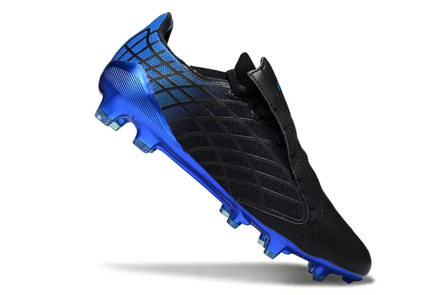 Adidas F50 Noir Bleu Sans Lacets Fermeture Sangle Haut Synthétique Texturé Terrain Ferme Chaussures de Football 12