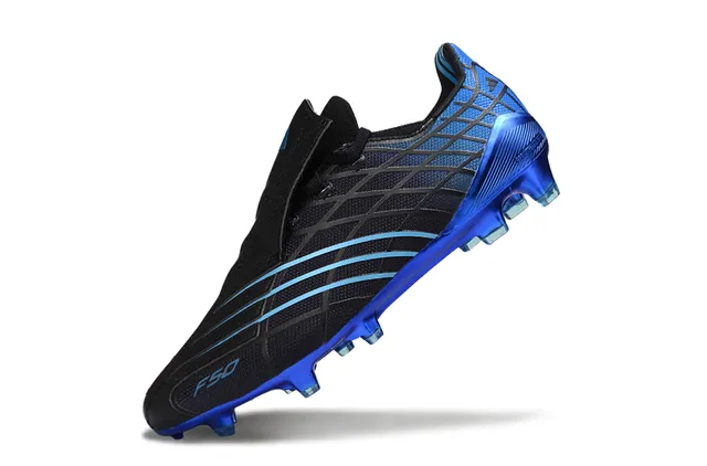 Adidas F50 Noir Bleu Sans Lacets Fermeture Sangle Haut Synthétique Texturé Terrain Ferme Chaussures de Football 13