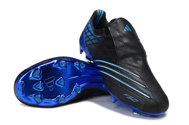 Adidas F50 Noir Bleu Sans Lacets Fermeture Sangle Haut Synthétique Texturé Terrain Ferme Chaussures de Football 14