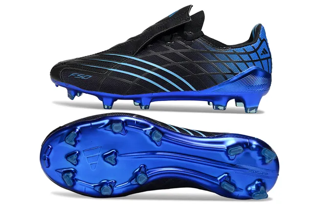 Adidas F50 Noir Bleu Sans Lacets Fermeture Sangle Haut Synthétique Texturé Terrain Ferme Chaussures de Football 16