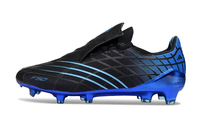 Adidas F50 Noir Bleu Sans Lacets Fermeture Sangle Haut Synthétique Texturé Terrain Ferme Chaussures de Football 17