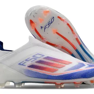 Adidas F50 सफेद नीला सॉक फिट कॉलर ग्रेडिएंट स्ट्राइप ओवरले फर्म ग्राउंड फुटबॉल जूते