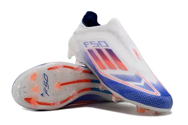 Adidas F50 सफेद नीला सॉक फिट कॉलर ग्रेडिएंट स्ट्राइप ओवरले फर्म ग्राउंड फुटबॉल जूते 3