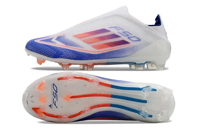 Adidas F50 सफेद नीला सॉक फिट कॉलर ग्रेडिएंट स्ट्राइप ओवरले फर्म ग्राउंड फुटबॉल जूते 5