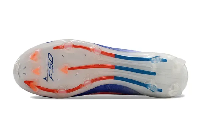 Adidas F50 सफेद नीला सॉक फिट कॉलर ग्रेडिएंट स्ट्राइप ओवरले फर्म ग्राउंड फुटबॉल जूते 6