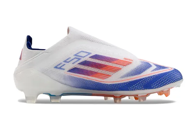 Adidas F50 सफेद नीला सॉक फिट कॉलर ग्रेडिएंट स्ट्राइप ओवरले फर्म ग्राउंड फुटबॉल जूते 7