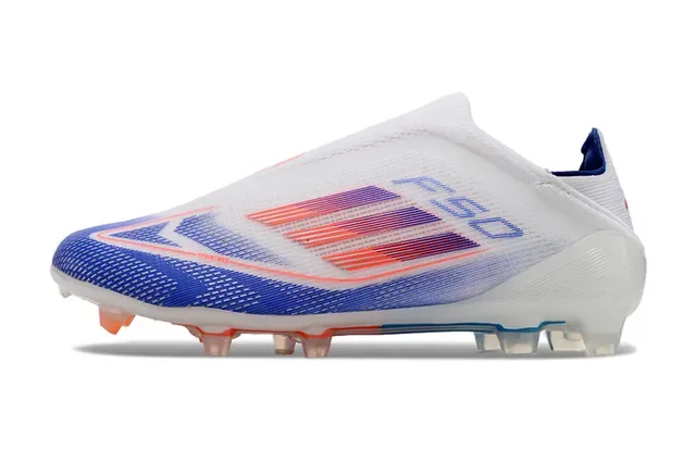 Adidas F50 सफेद नीला सॉक फिट कॉलर ग्रेडिएंट स्ट्राइप ओवरले फर्म ग्राउंड फुटबॉल जूते 8