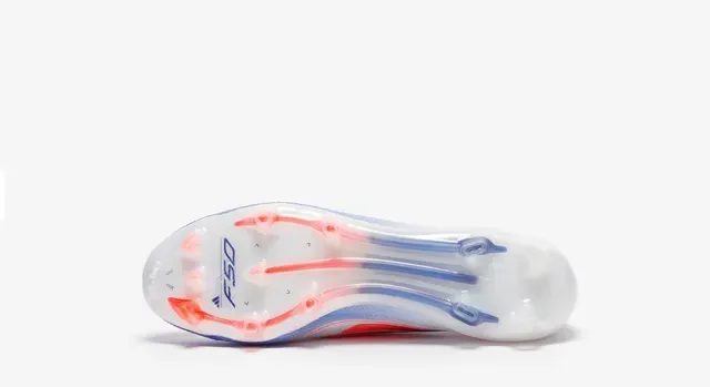 Adidas F50 सफेद नीला सॉक फिट कॉलर ग्रेडिएंट स्ट्राइप ओवरले फर्म ग्राउंड फुटबॉल जूते 11