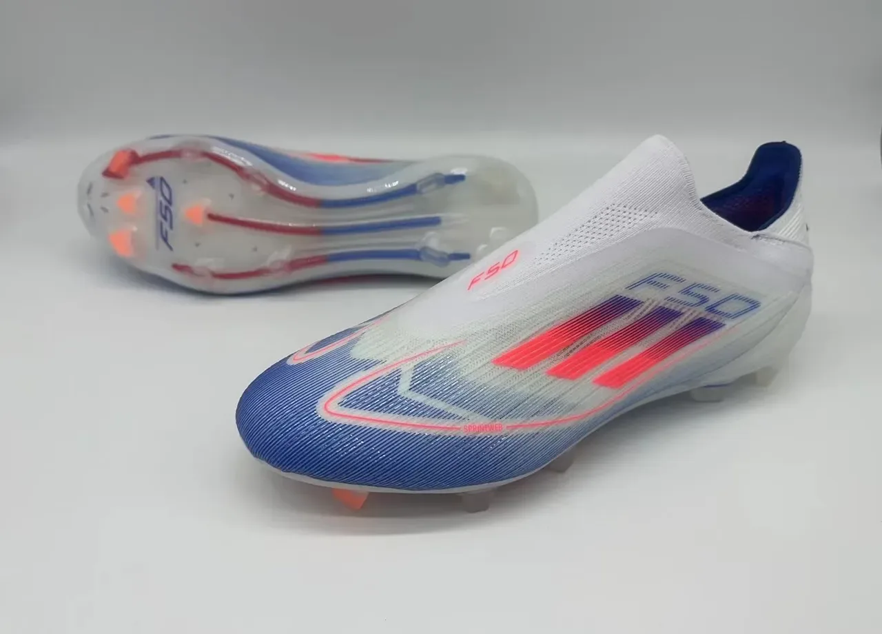 Adidas F50 सफेद नीला सॉक फिट कॉलर ग्रेडिएंट स्ट्राइप ओवरले फर्म ग्राउंड फुटबॉल जूते 18