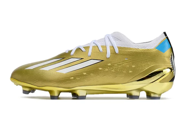 Adidas Sapatos de futebol com parte superior sintética texturizada com acabamento metálico dourado azul para terreno firme 7