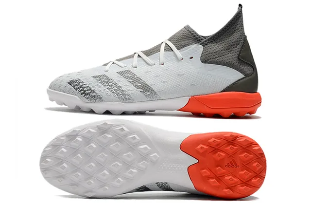 Adidas Zapatos de fútbol gris naranja con cuello de punto ajustado al tobillo texturizado sintético con jaula en la puntera para césped 10