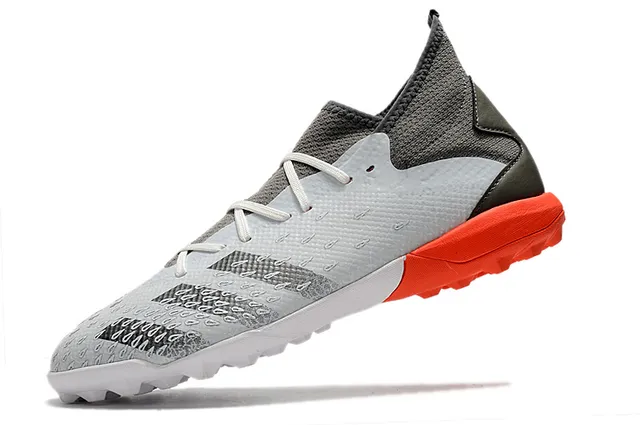Adidas Zapatos de fútbol gris naranja con cuello de punto ajustado al tobillo texturizado sintético con jaula en la puntera para césped 12