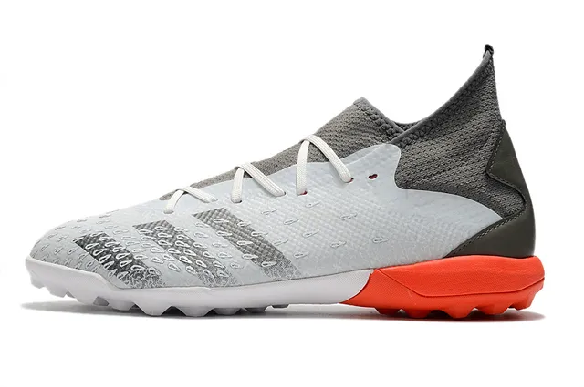 Adidas Zapatos de fútbol gris naranja con cuello de punto ajustado al tobillo texturizado sintético con jaula en la puntera para césped 13