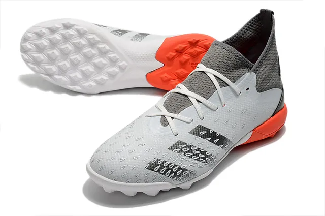 Adidas Zapatos de fútbol gris naranja con cuello de punto ajustado al tobillo texturizado sintético con jaula en la puntera para césped 14