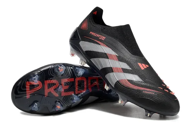 Adidas Predator Black Red Sock-Fit Collar Three-Stripe Graphic Overlay Firm-Ground Soccer Shoes 6