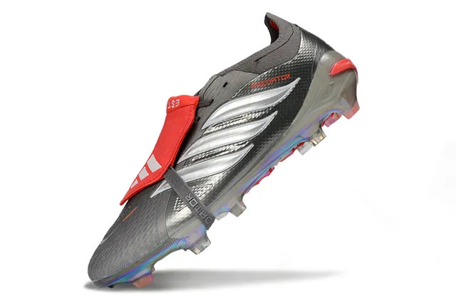Adidas Predator Cinza Vermelho Iridiscente Holográfico Calcanhar Metalizado Texturizado Superior Firme Sapatos de Futebol 3