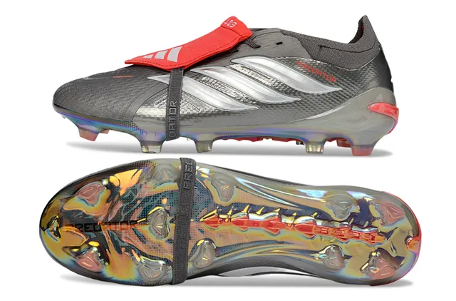 Adidas Predator Cinza Vermelho Iridiscente Holográfico Calcanhar Metalizado Texturizado Superior Firme Sapatos de Futebol 6