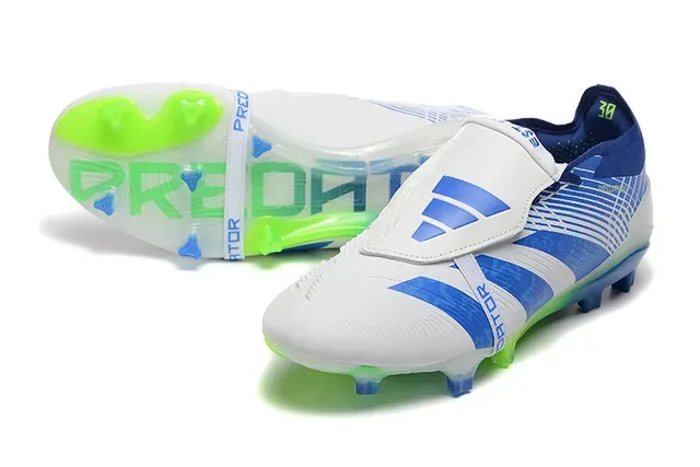 Adidas Predator Blanc et Bleu Fermeture à Sangle Asymétrique Upper Rayé Firm-Ground Chaussures de Football 7