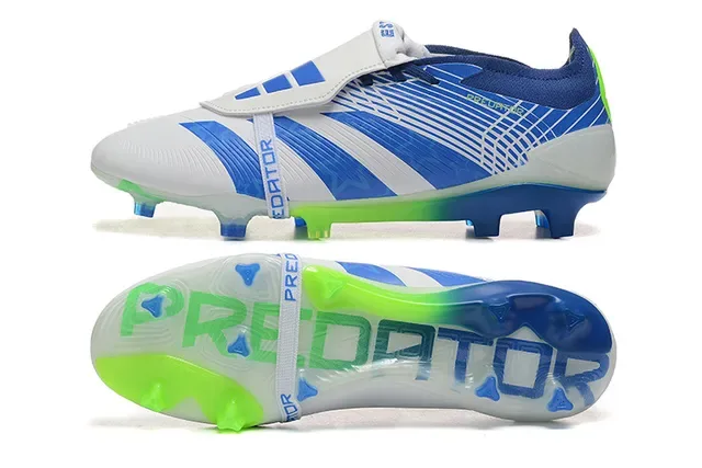 Adidas Predator Blanc et Bleu Fermeture à Sangle Asymétrique Upper Rayé Firm-Ground Chaussures de Football 9