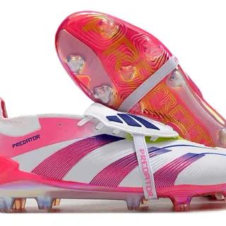Adidas Predator Chaussures de football à crampons moldés, blanches et roses, basses, lacets asymétriques, surface ferme.