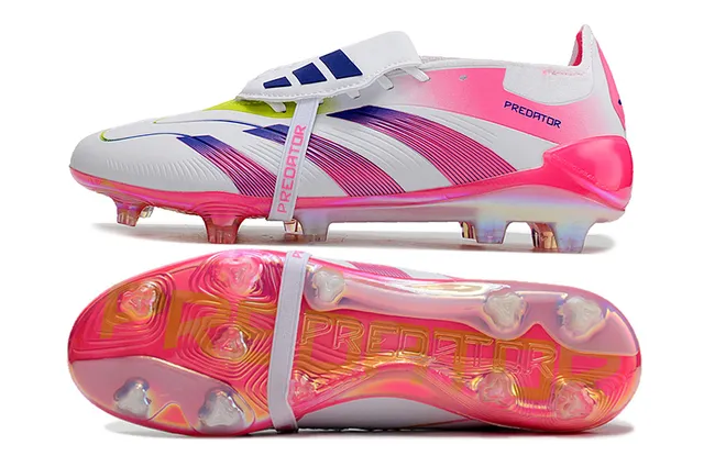 Adidas Predator Tênis de futebol com studs moldados, branco e rosa, corte baixo, cadarço assimétrico, gramado firme. 6