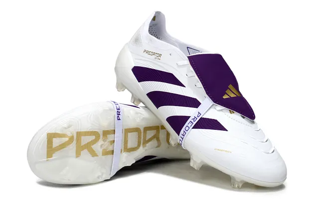 Adidas Predator Chaussures de football blanc pourpre à tige basse avec upper moulé superposition de trois bandes sur terre ferme 4