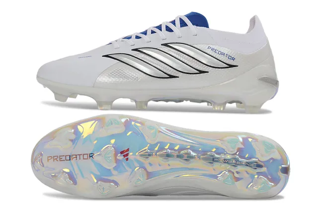 Adidas Predator Blanc Argenté Supérieur Synthétique Rayures Métalliques 3-Stripes Firm-Ground Chaussures de Football 12