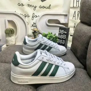 Adidas White Green Low-Top Leather-Look Upper Lifestyle Sneakers