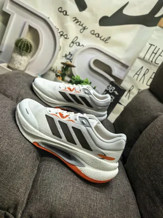 Adidas White Orange Knit Upper Sculpted Midsole Running Shoes 7