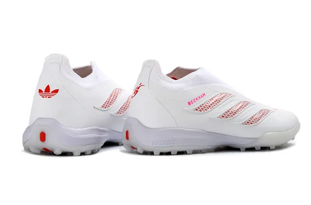 Adidas সাদা লাল লেসবিহীন সক-ফিট আপার মোল্ডেড টার্ফ স্টাডস কৃত্রিম ঘাস সকার জুতা 15
