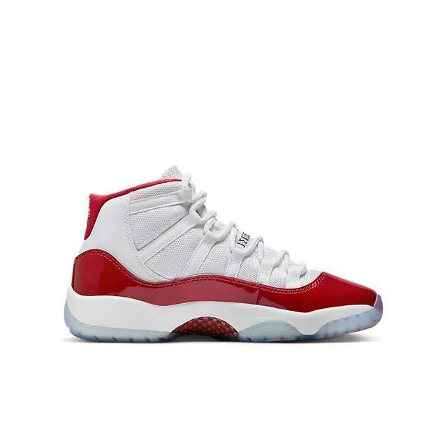 Tênis de basquete Air Jordan 11 de couro envernizado branco e vermelho-escuro 5