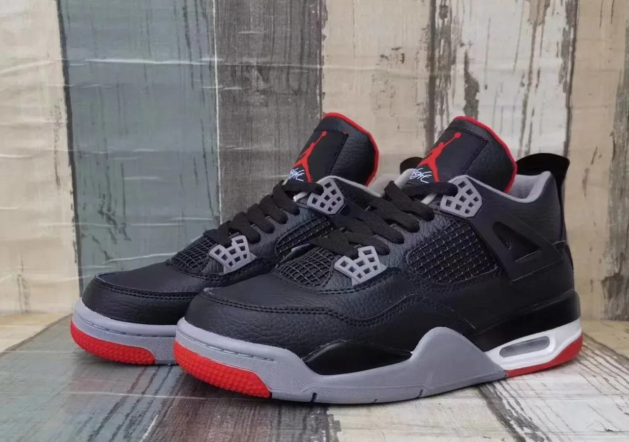 Air Jordan 4 Preto Vermelho Cinza Tênis de Basquete 3