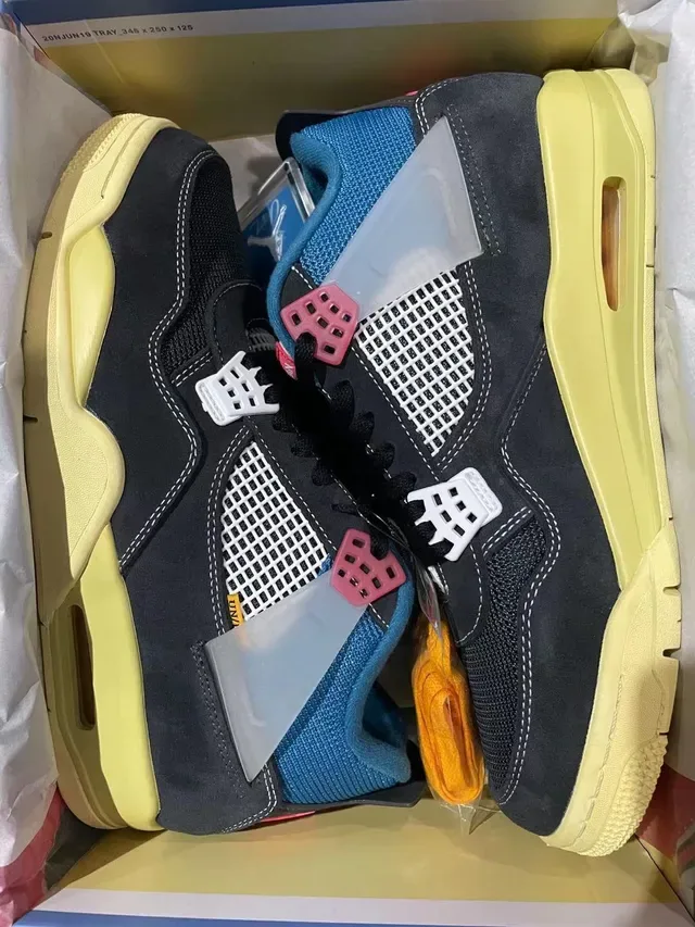 Air Jordan 4 Preto Amarelo Azul Tênis de Basquete 6