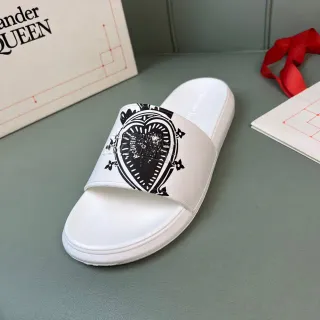 Alexander McQueen Heart Graphic Slide White Black Rubber-Like Ornate Strap Slippers