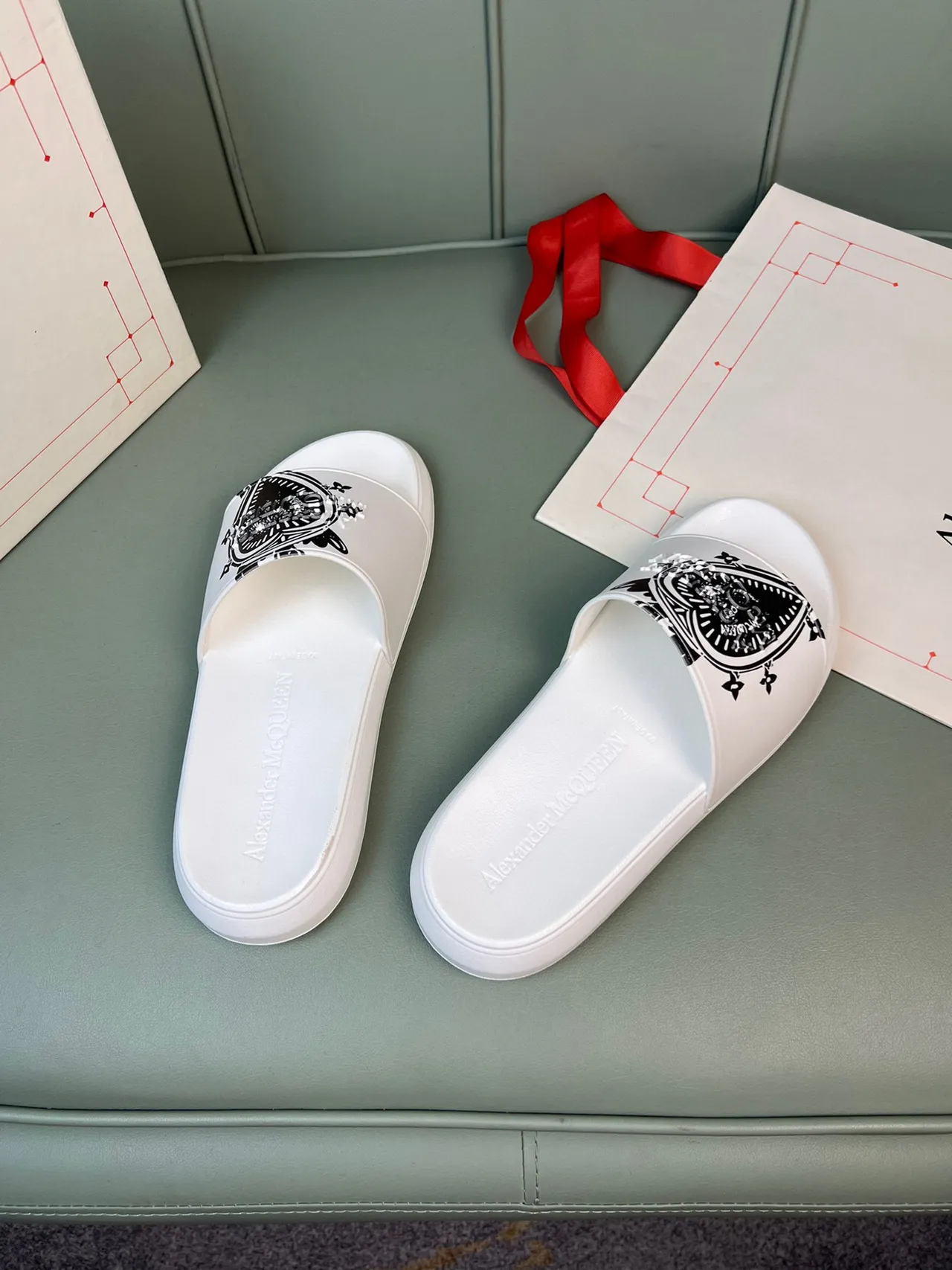 Alexander McQueen Heart Graphic Slide White Black Rubber-Like Ornate Strap Slippers 2