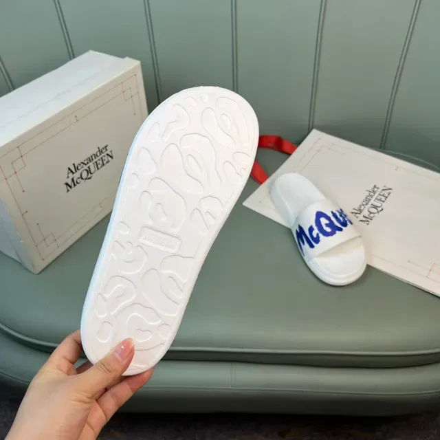 Alexander McQueen Logo Slide White Blue Strap Molded Rubber Sole Slippers 2