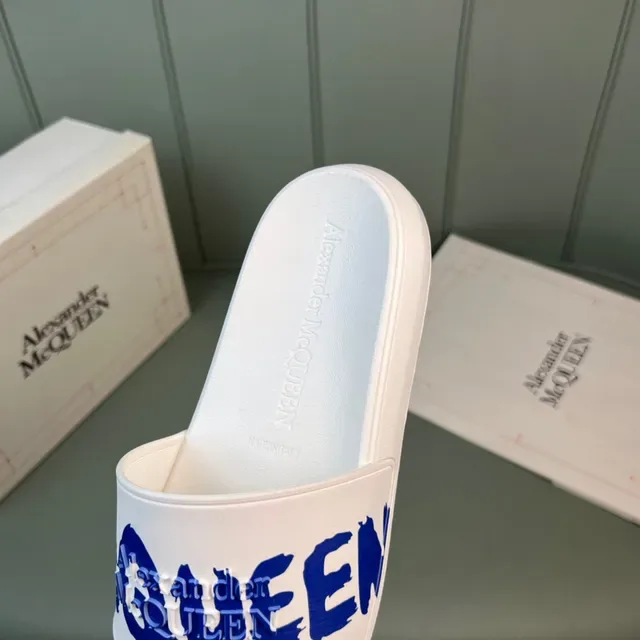 Alexander McQueen Logo Slide White Blue Strap Molded Rubber Sole Slippers 3