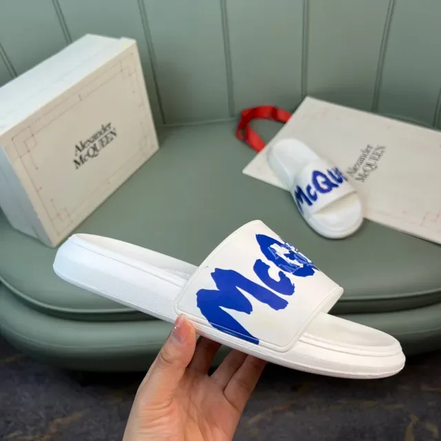 Alexander McQueen Logo Slide White Blue Strap Molded Rubber Sole Slippers 4