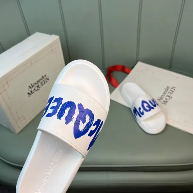 Alexander McQueen Logo Slide White Blue Strap Molded Rubber Sole Slippers 5