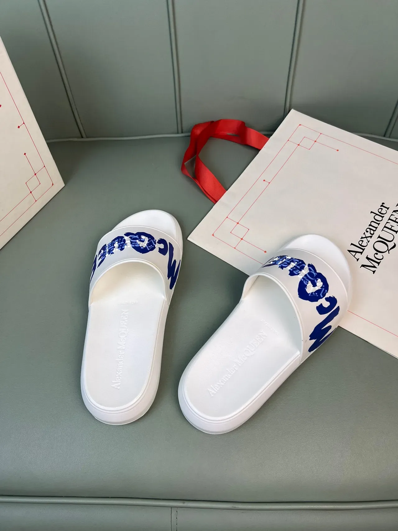 Alexander McQueen Logo Slide White Blue Strap Molded Rubber Sole Slippers 6